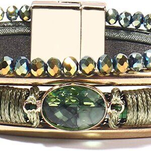 Leather Wrap Bracelet Crystal Beads Boho Cuff Green Stone Clasp Jewelry